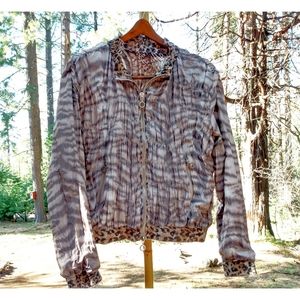 Vintage 80s/90s leopard animal print bomber jacket smocked ruched satin